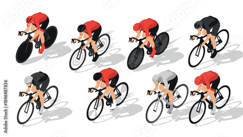 Dynamic cyclists racing in isometric style with bold colors and shadows