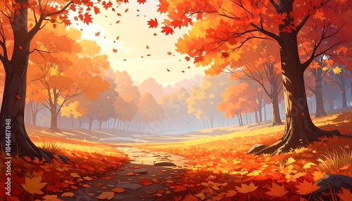 Bright autumn forest landscape with a leaf-strewn path leads to the distant woods under a sunny sky