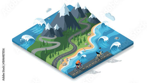 Scenic isometric biking journey through mountains and coastal waves