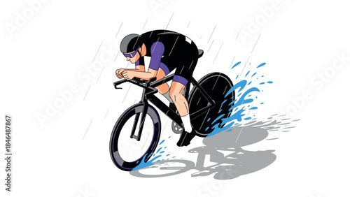 Cyclist racing through rain splashing water in dynamic flat style