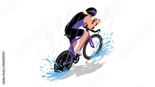 Dynamic cyclist pedaling in rain with splashing water and speed