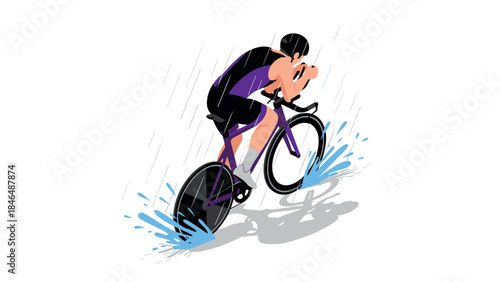 Cyclist riding in the rain with dynamic splash and motion illustration