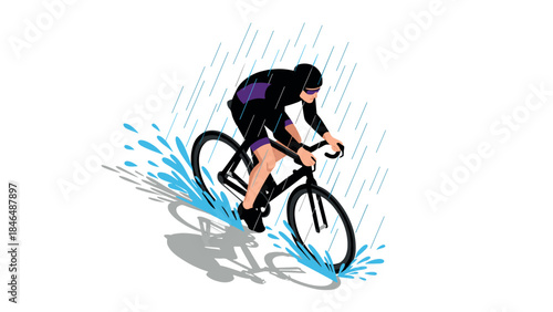 Dynamic cyclist riding through rain in vibrant isometric style