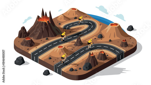 Cyclists navigate winding roads through volcanic mountain landscape in isometric style