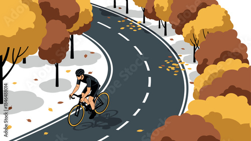 Autumn cyclist on curved road surrounded by colorful trees in flat design
