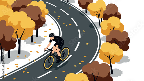 Isometric autumn cycling: rider navigates curved path through vibrant fall foliage