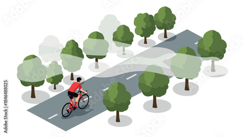 Cyclist on a path through a lush forest in an isometric style