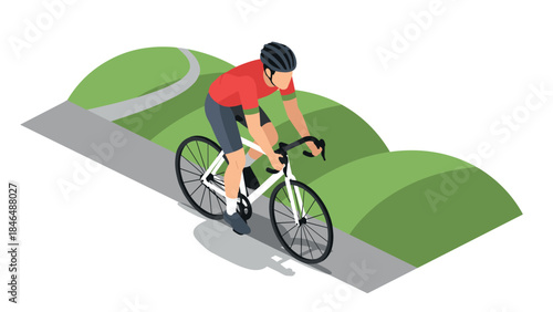 Cyclist on a pathway with rolling hills in isometric design