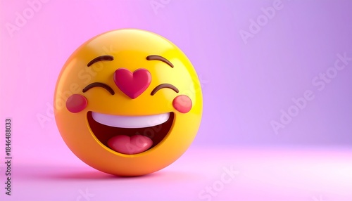 Bright yellow emoji with a heart in its eye smiles widely against a soft purple backdrop