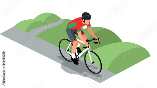 Isometric cyclist riding on hilly path in minimalist style