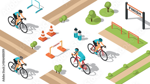 Isometric cyclists in race scene with finish line and outdoor elements