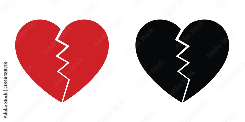 Obraz premium Broken heart symbol set. Red and black cracked love icon shapes