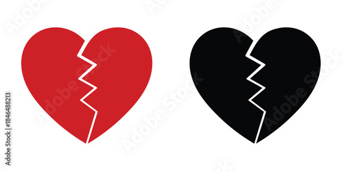 Broken heart symbol set. Red and black cracked love icon shapes