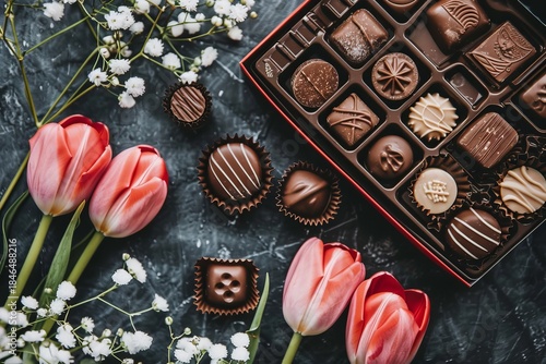 box of chocolates and red tulips grey background.