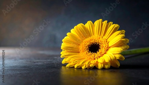 Bright yellow gerbera daisy with dark center lies on a textured dark surface against blurred background
