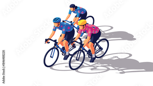 Group of cyclists racing in colorful attire with bold shadows on white background
