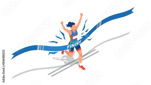Dynamic isometric runner crossing finish line with victory pose