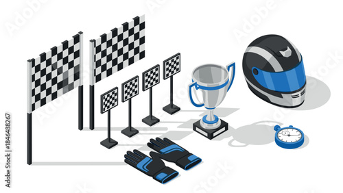 Isometric racing gear collection with trophy, helmet, and checker flags