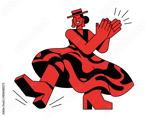 Vibrant flamenco dancer in a red dress with black patterns, clapping with enthusiasm and joy