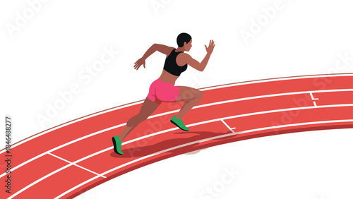 Athlete sprinting on track curve with focus on speed and power in isometric style