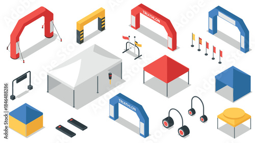 Isometric triathlon event setup with tents and finish lines