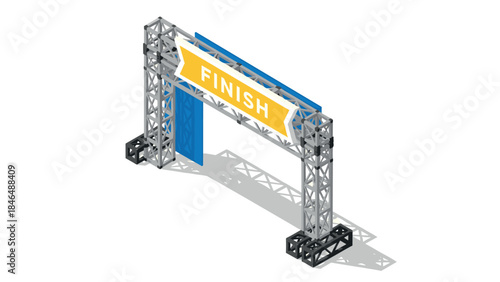 Isometric finish line structure with yellow sign banner and metal truss in 3d style