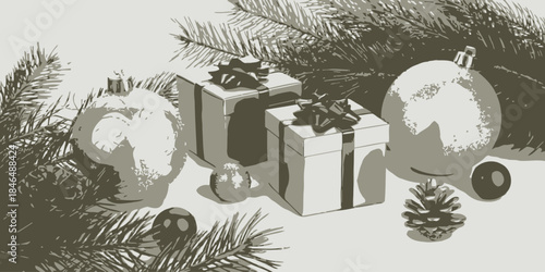 Vintage Christmas scene with gifts and decorations in sepia tone