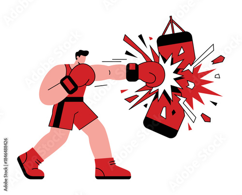A dynamic illustration of a boxer punching a punching bag with intense energy and vibrant colors in a flat design style.