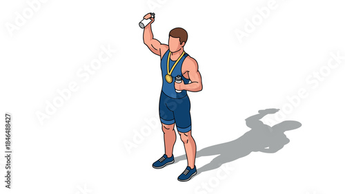 Isometric athlete celebrating victory with medals and energy drinks