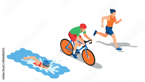 Colorful isometric triathlon scene with swimmer, cyclist, and runner in motion