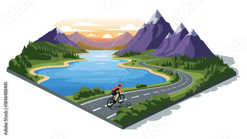 Cyclist riding through mountain landscape at sunset in isometric view