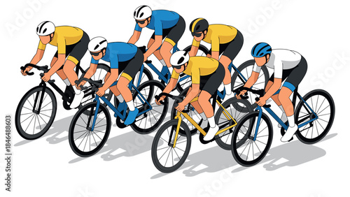 Colorful cyclists racing in dynamic group formation