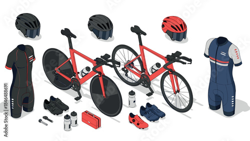Isometric triathlon gear set: red bicycles, helmets, and apparel essentials