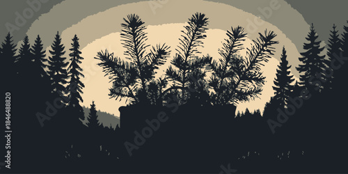 Silhouetted pine trees against a vibrant moonlit night sky backdrop