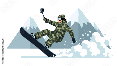 Snowboarder captures adventure with action camera in winter mountains