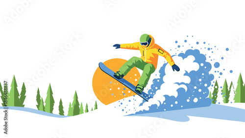 Dynamic snowboarding scene with colorful snow spray and pine trees