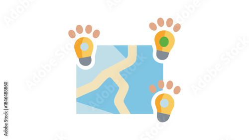 Innovative map with lightbulb ideas and paw prints
