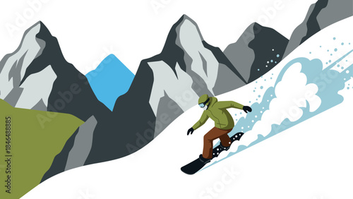 Snowboarder descends mountain slope with snowy peaks in background