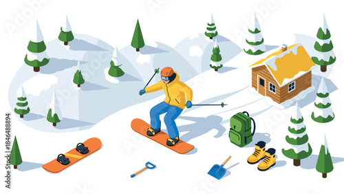 Snowboarder enjoying winter adventure in isometric snowy mountain landscape