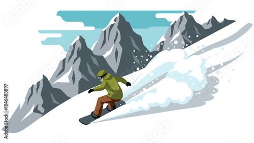 Dynamic snowboarder descending snowy mountain slope in flat style illustration
