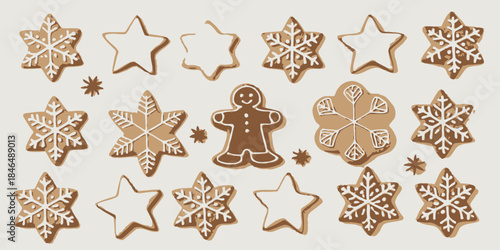 Festive holiday cookies and gingerbread man on beige background
