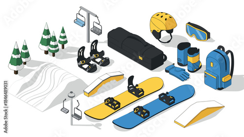 Winter sports equipment collection in isometric design featuring snowboards and accessories