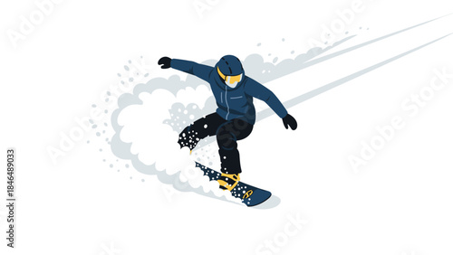 Snowboarder in action with powder trail on a slope in flat design