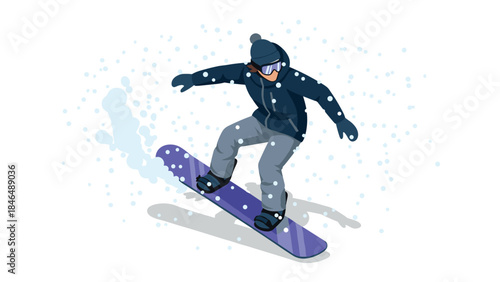 Snowboarder in action jumping through snowy winter landscape