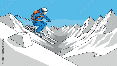 Dynamic winter sport adventure in the mountains with skier in action