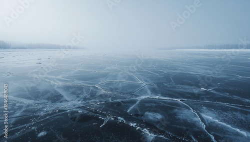 Spanning frozen lake surface revealing polygonal cracked ice toward misty horizon, with treeline