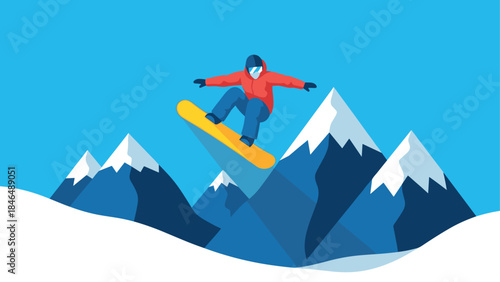 Dynamic snowboarder jumping against majestic snowy mountains in flat design