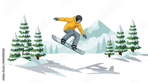 Snowboarder performing air trick on winter mountain landscape