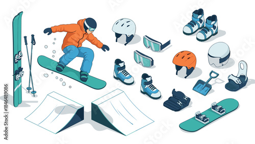 Winter sports equipment and snowboarding action with gear collection in isometric design