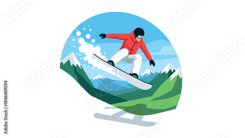Snowboarder in red jacket soaring over snowy mountain landscape